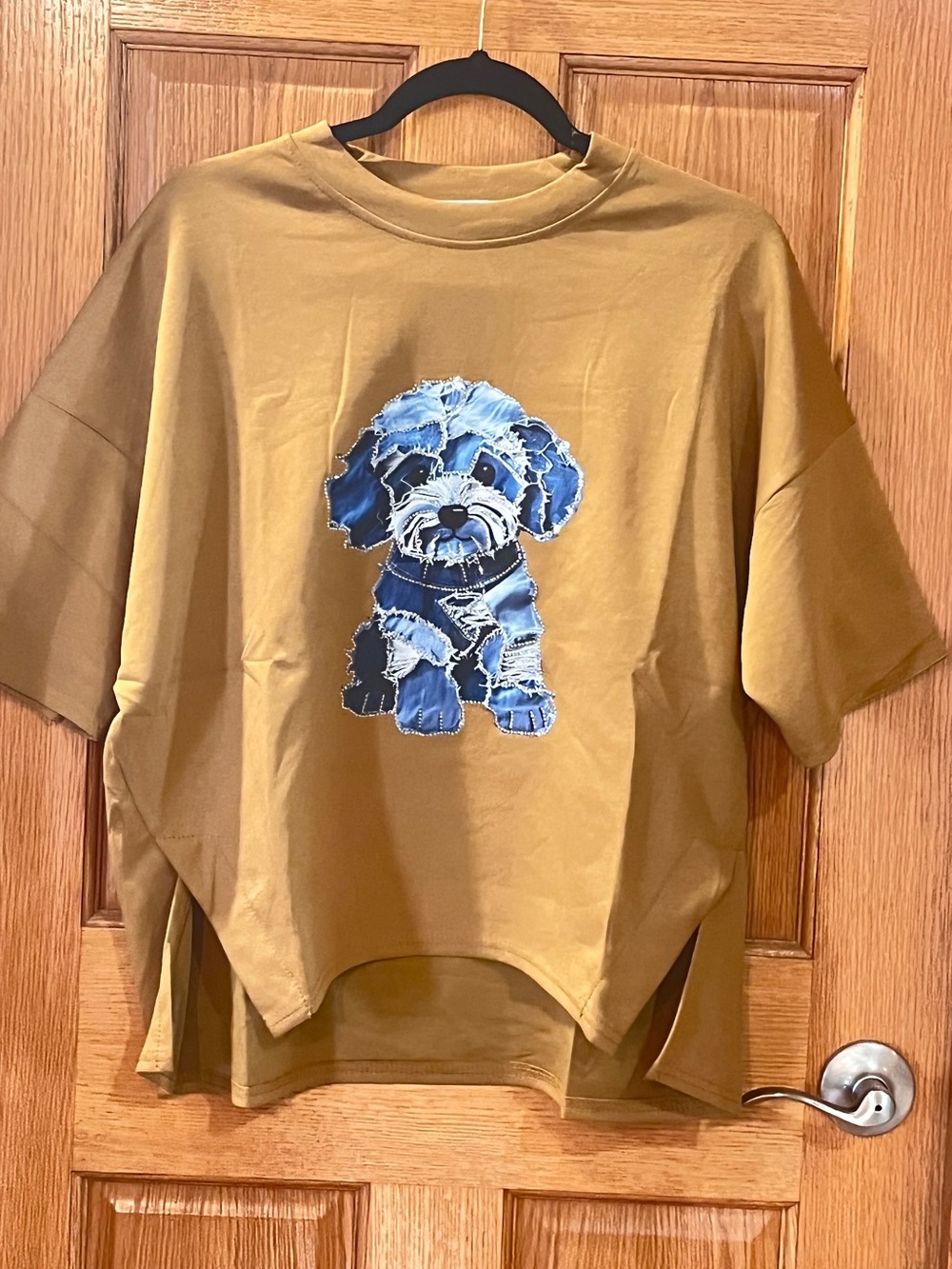 Dog Graphic Crop Tee - Tan with Blue Puppy Print